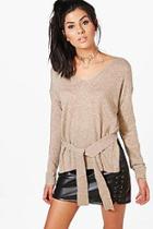 Boohoo Maisie Tie Waist Fine Knit Jumper