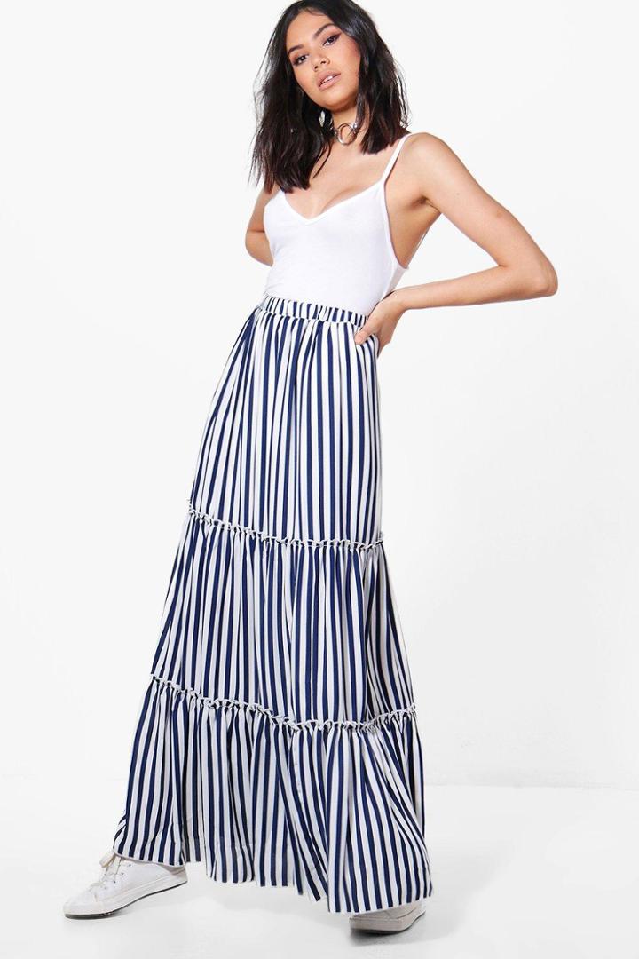 Boohoo Rayah Striped Ruffle Layered Woven Maxi Skirt Navy