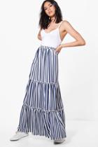 Boohoo Rayah Striped Ruffle Layered Woven Maxi Skirt Navy