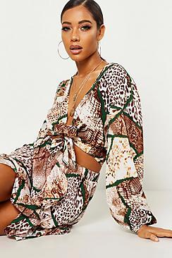 Boohoo Woven Mixed Animal Print Tie Front Top