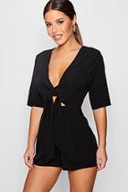 Boohoo Petite Carly Knot Front Plunge Playsuit