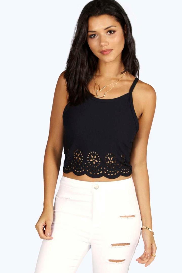 Boohoo Emily Lazercut Scallop Edge Cami Black
