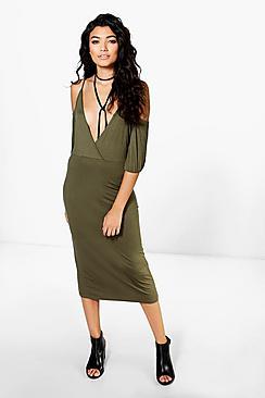 Boohoo Wendy Cold Shoulder Wrap Top Midi Dress