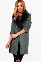 Boohoo Alana Wool Look Faux Fur Collar Coat Khaki