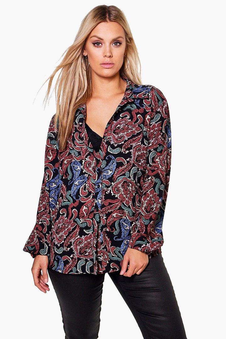 Boohoo Plus Rachel Paisley Print Oversized Shirt Black