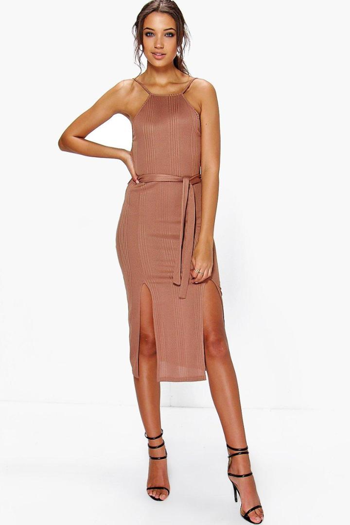 Boohoo Tall Katy Ribbed Tie Waist Front Split Dress Mocha