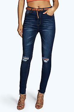 Boohoo Jessie High Waist Distressed Knee Skinny Jeans