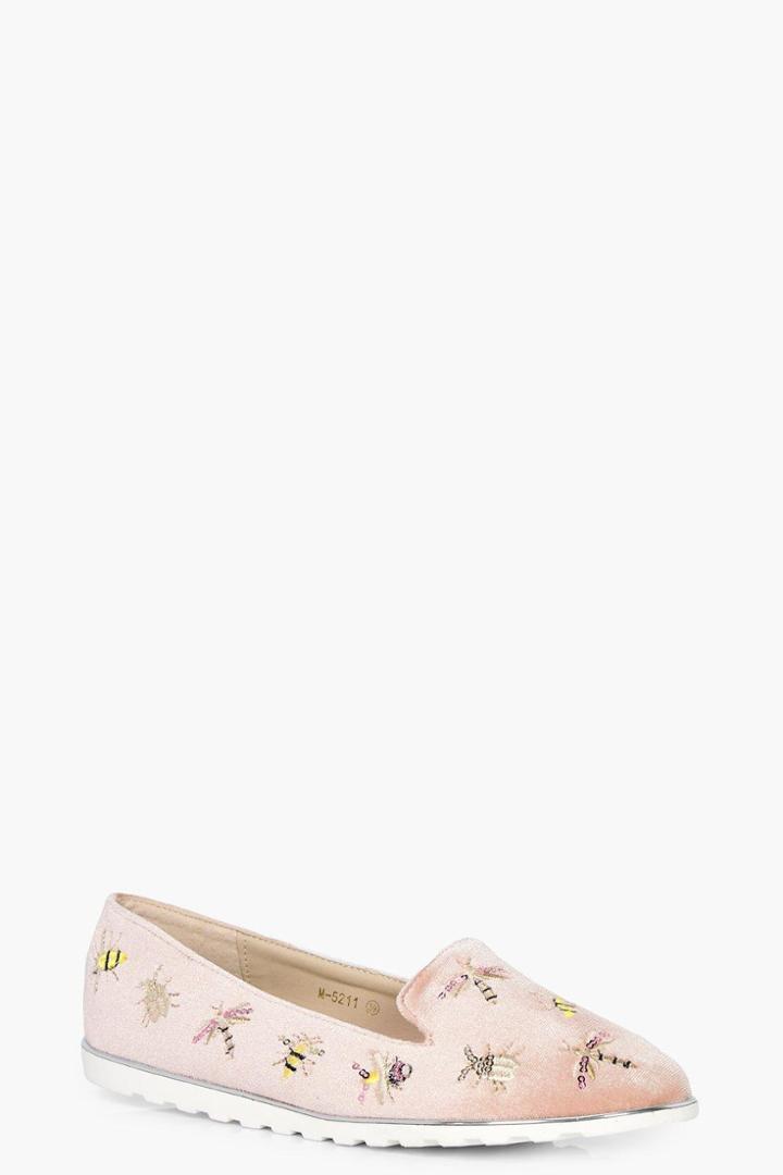 Boohoo Emilia Bug Embroidered Slipper Ballet Blush