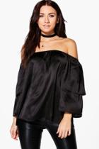 Boohoo Lucy Satin Ruffle Off The Shoulder Top Black