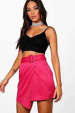 Boohoo Woven Satin Belted Wrap Mini Skirt