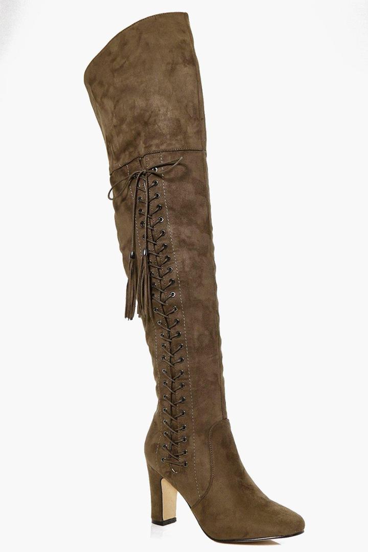 Boohoo Laura Eyelet Detailed Thigh High Boot Taupe