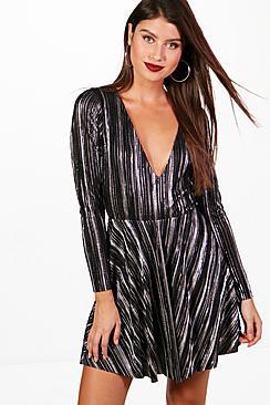 Boohoo Hallie Metallic Pleated Skater Dress