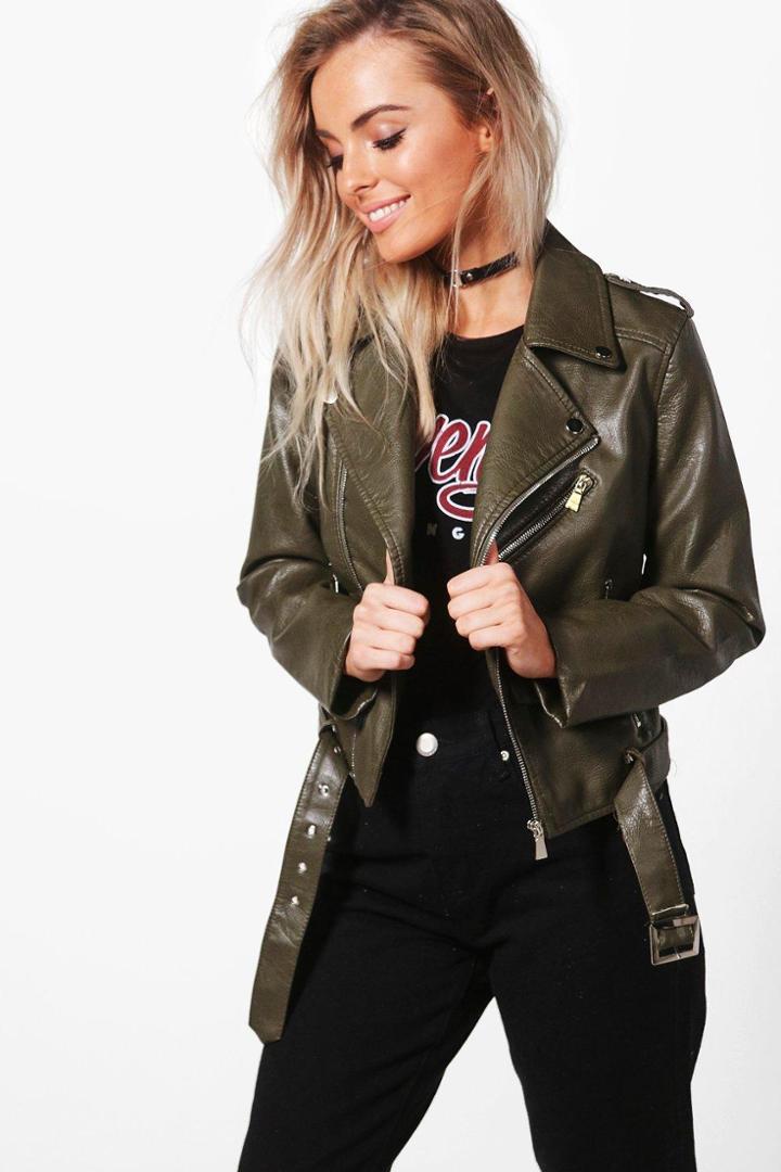Boohoo Fiona Faux Leather Biker Jacket Khaki