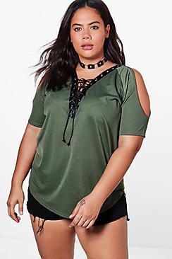 Boohoo Plus Katie Lace Up Eyelet Detail Top