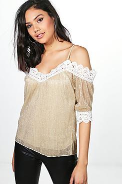 Boohoo Alice Lace Trim Metallic Top