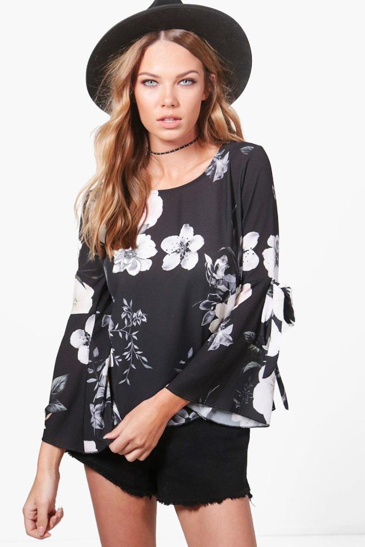 Boohoo Daisy Floral Woven Tie Sleeve Top Black