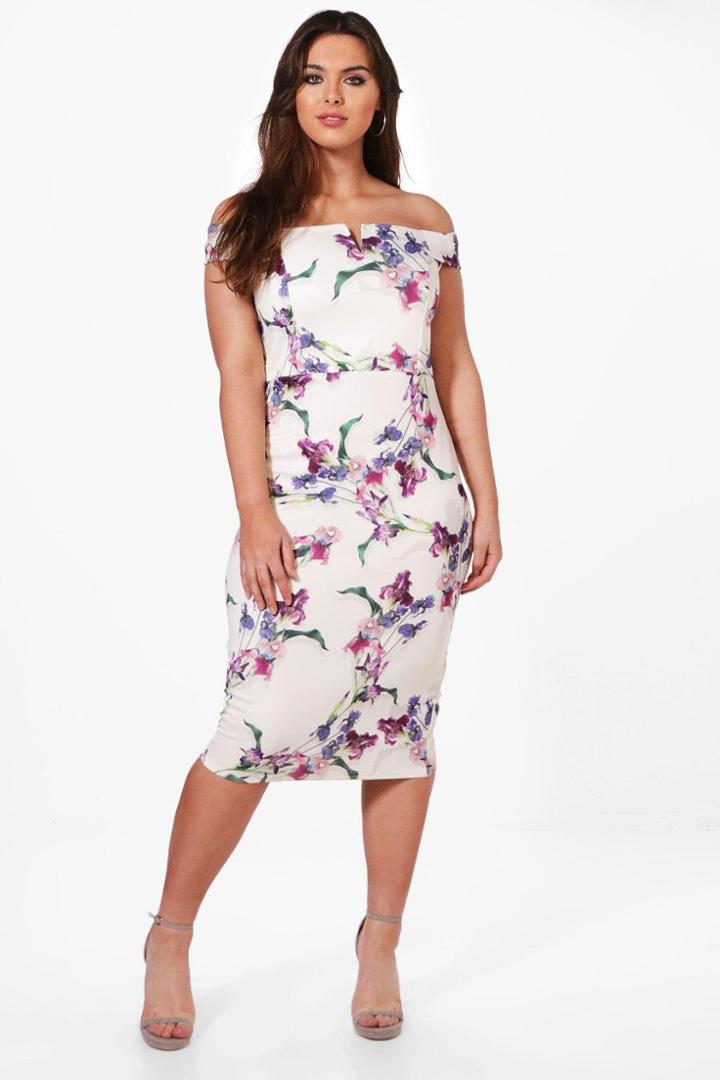 Boohoo Plus Zoe Off Shoulder Floral Midi Bodycon Dress Multi