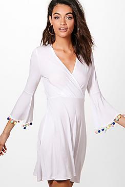 Boohoo Tracie Pom Pom Detail Wrap Skater Dress