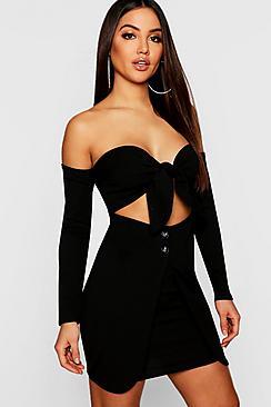 Boohoo Off The Shoulder Tie Front Bodycon Dress