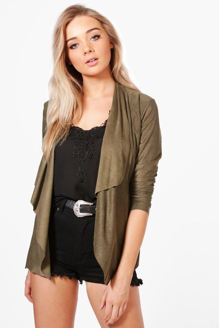 Boohoo Julia Short Waterfall Suedette Jacket Khaki