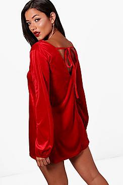 Boohoo Leanne Velvet Blouson Sleeve Shift Dress