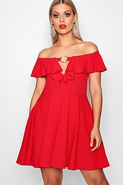 Boohoo Plus Ring Front Plunge Ruffle Skater Dress