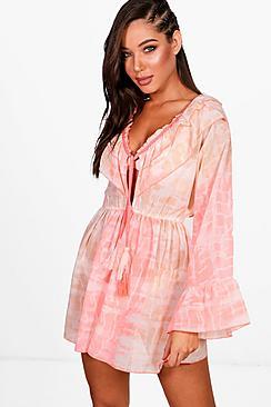 Boohoo Amy Tie Dye Frill Beach Top