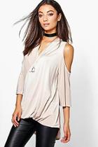 Boohoo Tall Ravena Drape Slinky Wrap Cold Shoulder Top