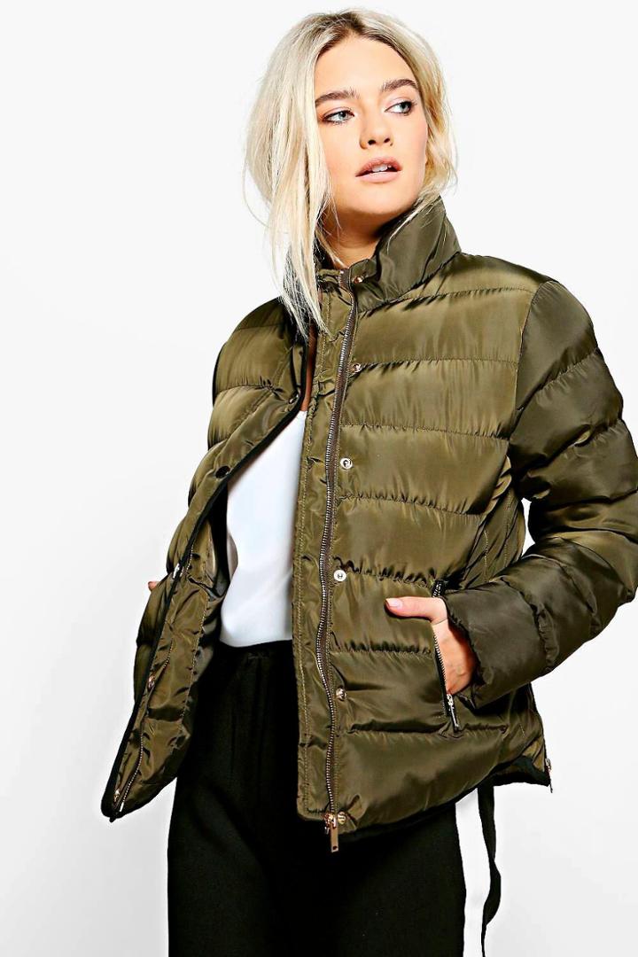 Boohoo Eliza Short Quilted Piped Jacket Khaki