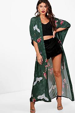 Boohoo Lily Oriental Bird Print Kimono