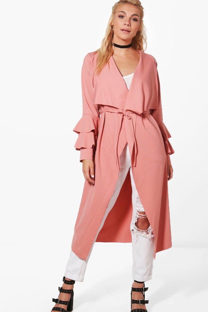 Boohoo Katie Ruffle Sleeve Belted Duster Rose