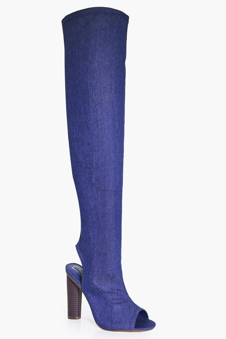 Boohoo Betsy Peeptoe Over The Knee Boot Denim