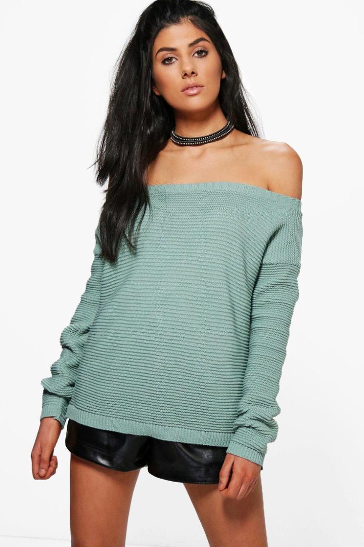 Boohoo Maria Slash Neck Rib Crop Jumper Sage