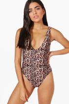 Boohoo Menorca Leopard Bathing Suit Brown