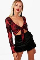 Boohoo Eva Glitter Flock Tie Front Mesh Top