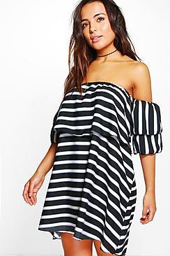Boohoo Petite Marissa Stripe Frill Off Shoulder Dress