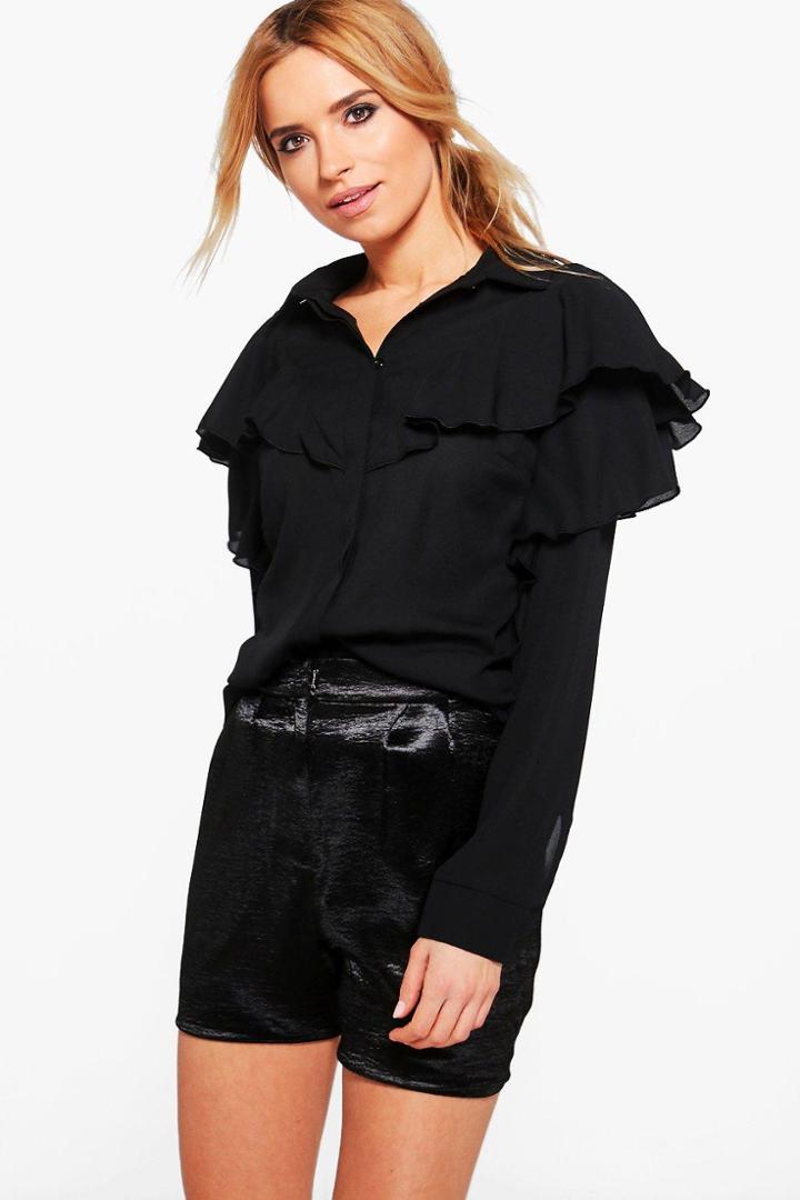 Boohoo Rachel Ruffle Long Sleeve Shirt Black
