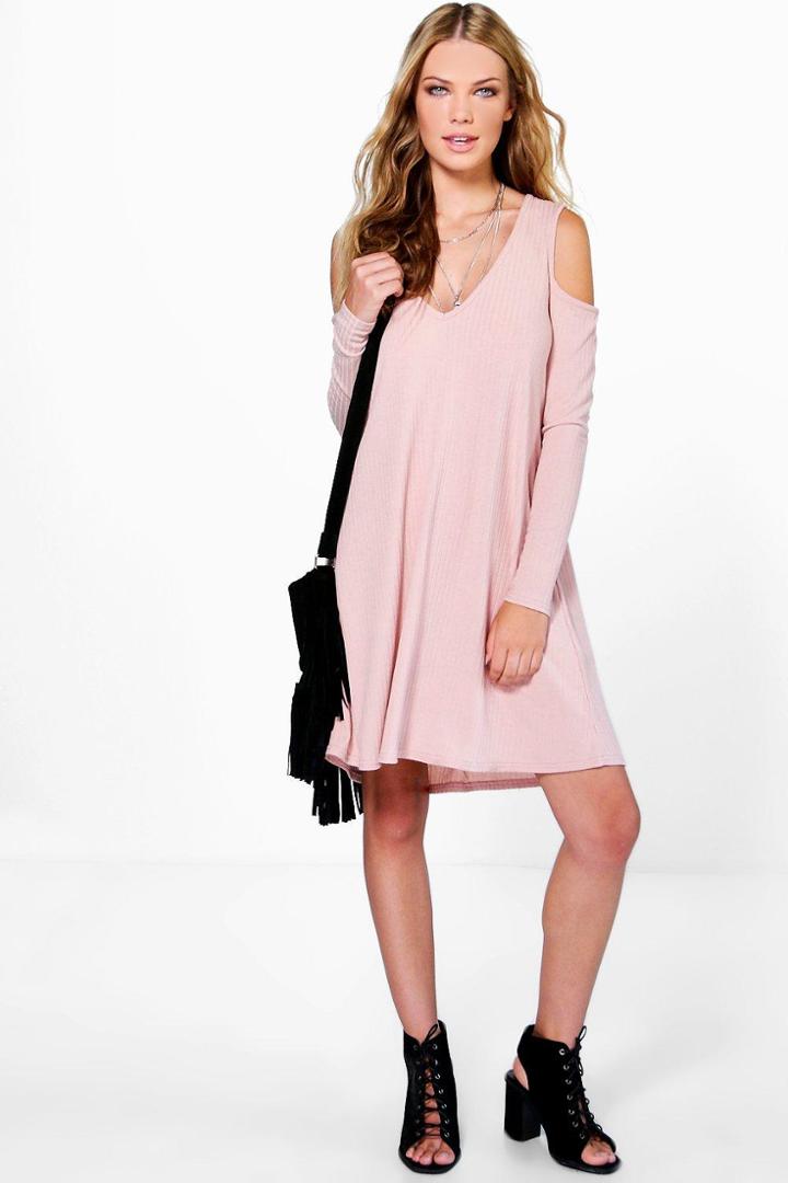 Boohoo Sara V Neck Cold Shoulder Rib Knit Swing Dress Blush