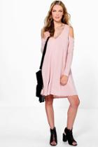 Boohoo Sara V Neck Cold Shoulder Rib Knit Swing Dress Blush