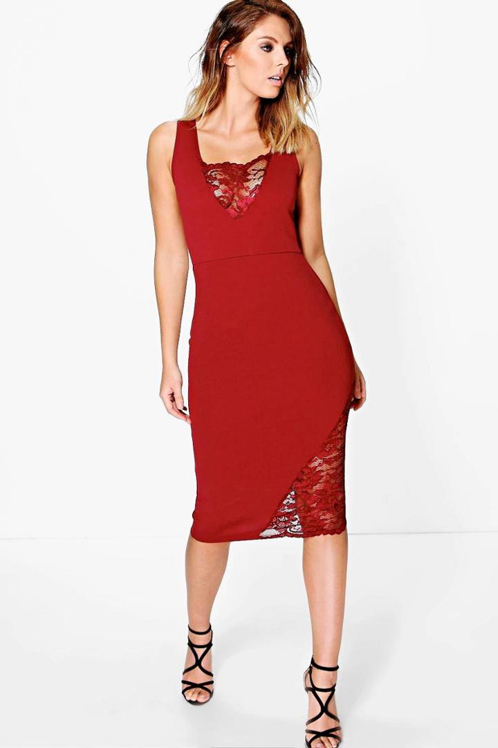 Boohoo Katy Lace Detail Sleeveless Midi Dress Berry