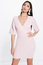 Boohoo Maddy Wrap Front Kimono Sleeve Bodycon Dress Nude