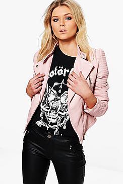 Boohoo Lydia Quilted Sleeve Faux Leather Biker Jacket