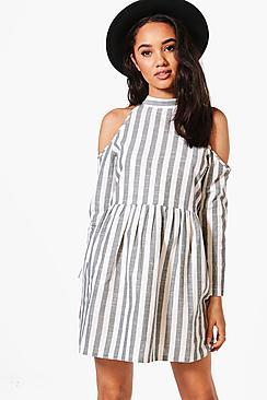 Boohoo Petite Lily Stripe Open Shoulder Skater Dress
