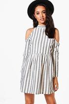 Boohoo Petite Lily Stripe Open Shoulder Skater Dress