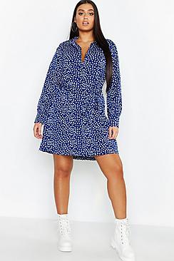 Boohoo Plus Heart Print Tie Waist Shirt Dress