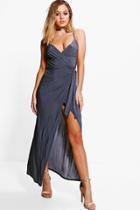 Boohoo Petite Juliette Wrap Strappy Maxi Dress Smoke