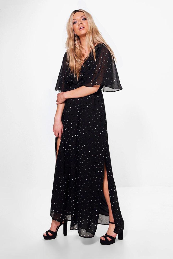 Boohoo Hester Polka Dot Ruffle Wrap Maxi Dress Black