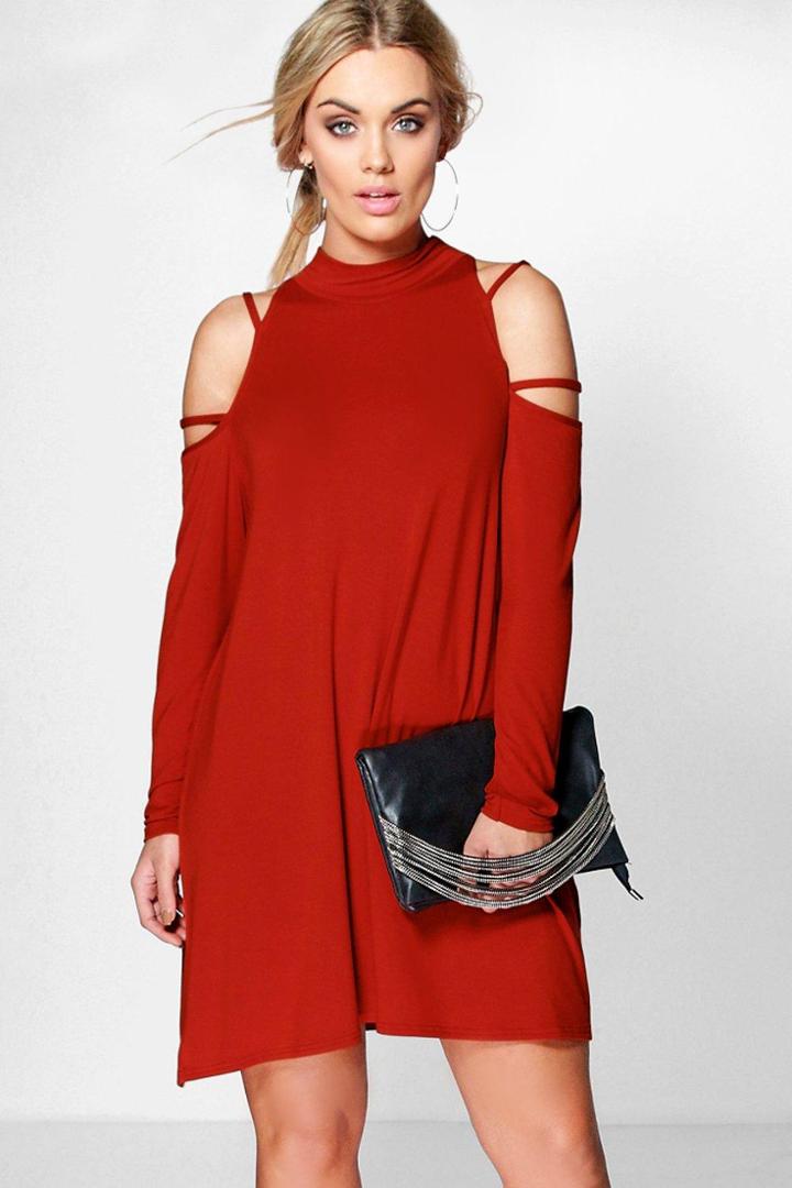 Boohoo Plus Mel Cold Shoulder Strappy Swing Dress Rust