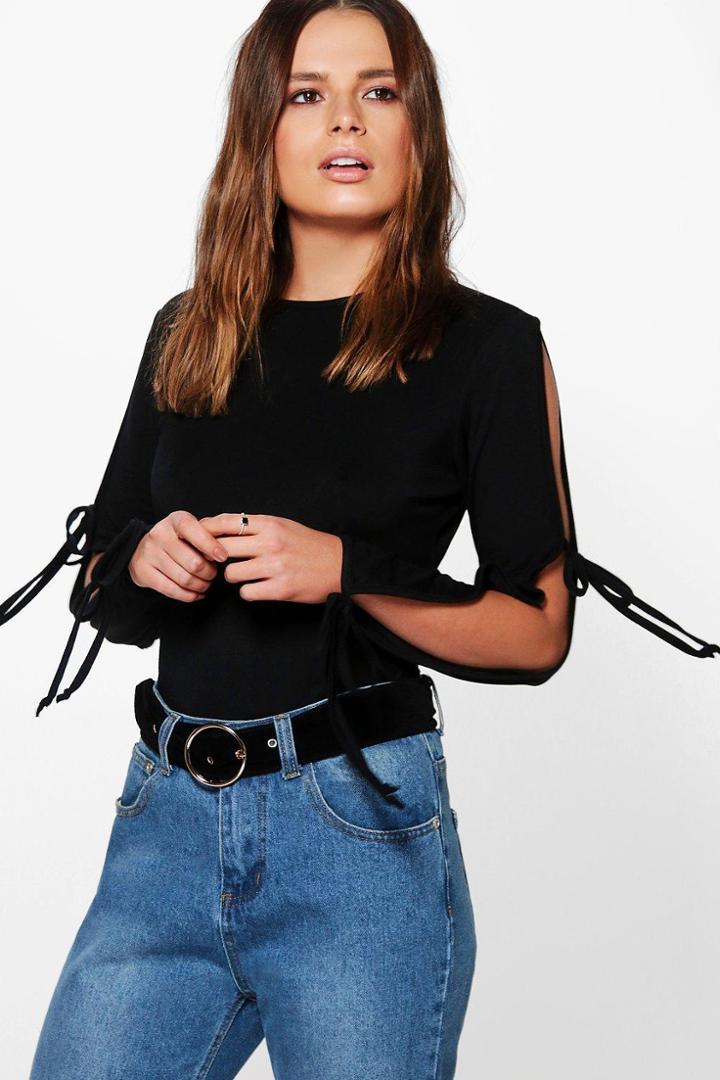 Boohoo Eliza Tie Sleeve T-shirt Black