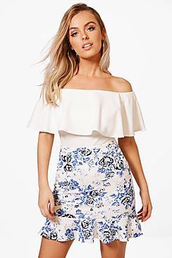 Boohoo Bella Floral Ruffle Hem Mini Skirt